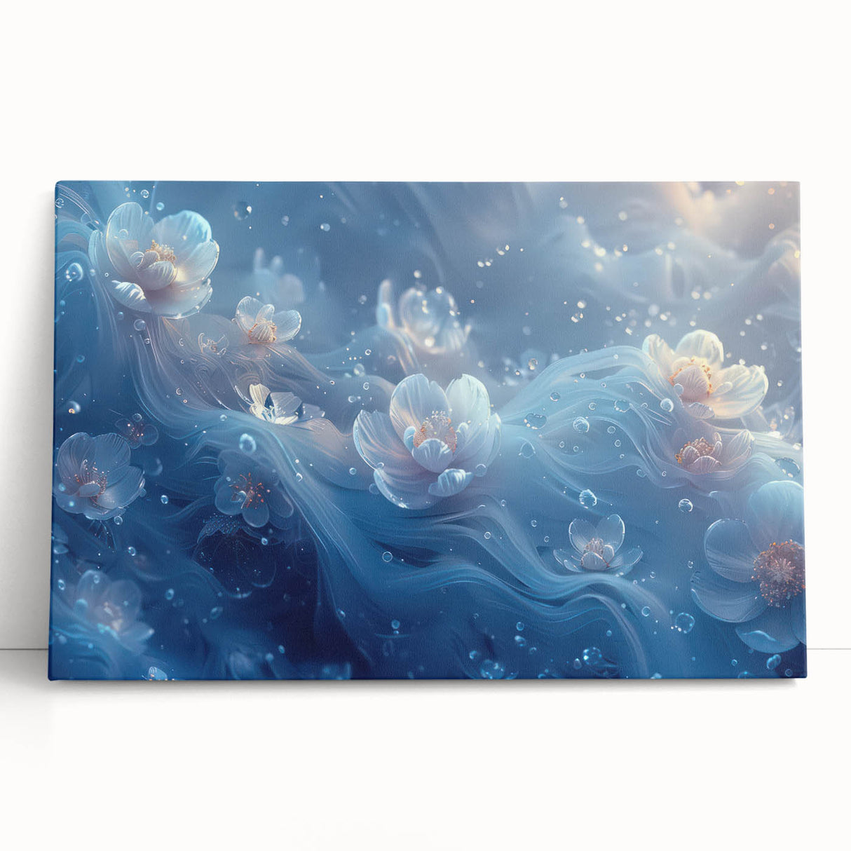 Close-up image of frost patterns on ice in black and white, printed on a large stretched canvas, ideal for kitchen wall art.