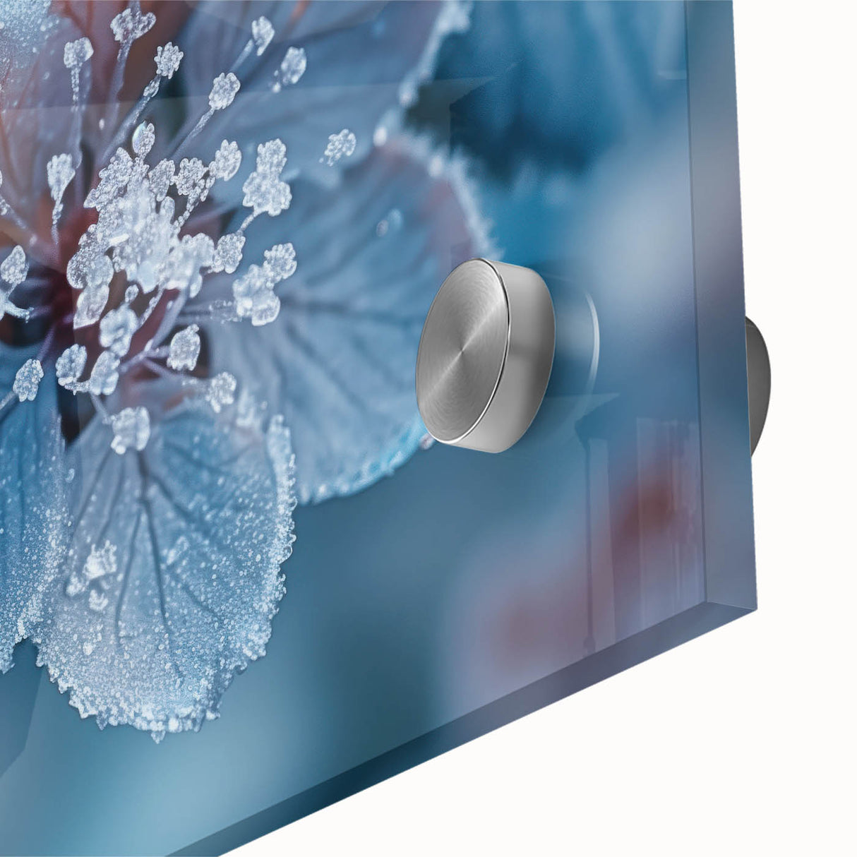 Mid-century modernist large abstract wall art depicting frost designs in icy blue tones on acrylic glass.