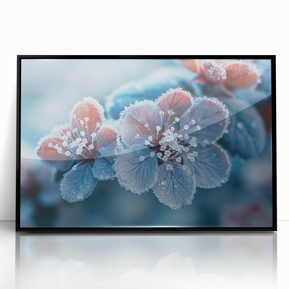 Framed acrylic print depicting a close-up of frost patterns in muted gray tones, suitable for modern art wall decor.