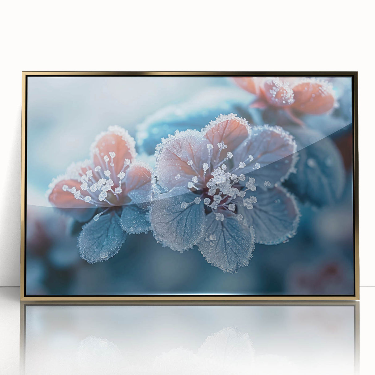 Mid-century modernist art of a frost design in muted blue and white tones on a framed acrylic, ideal for nursery wall decor.