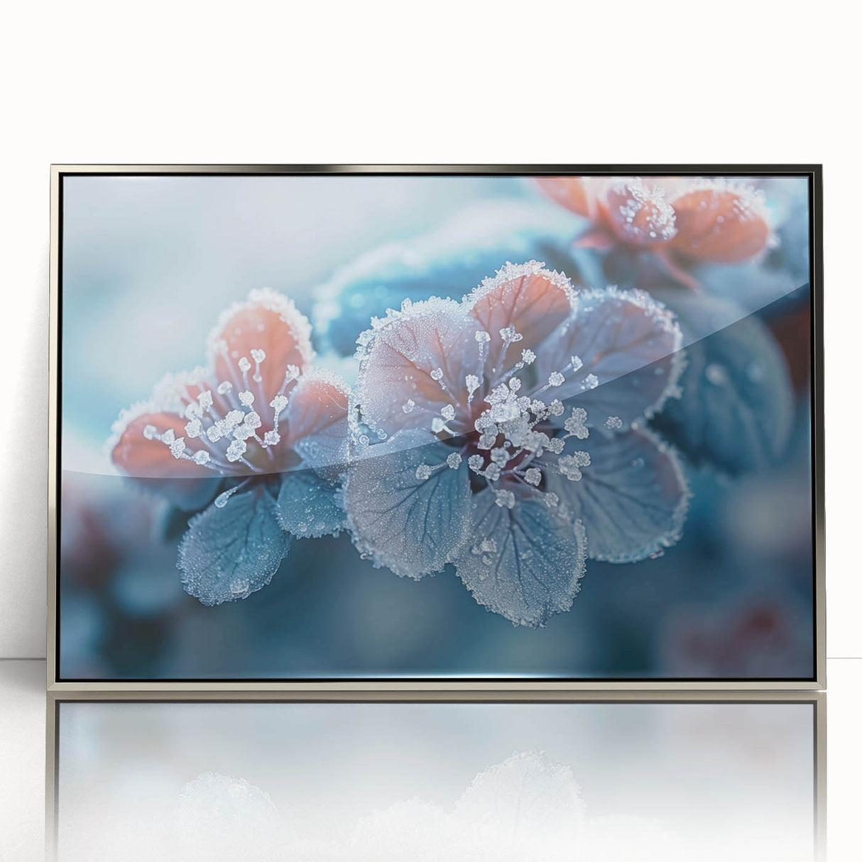 Framed acrylic print featuring a close-up of frost patterns in silver tones, ideal for modern art wall decor.