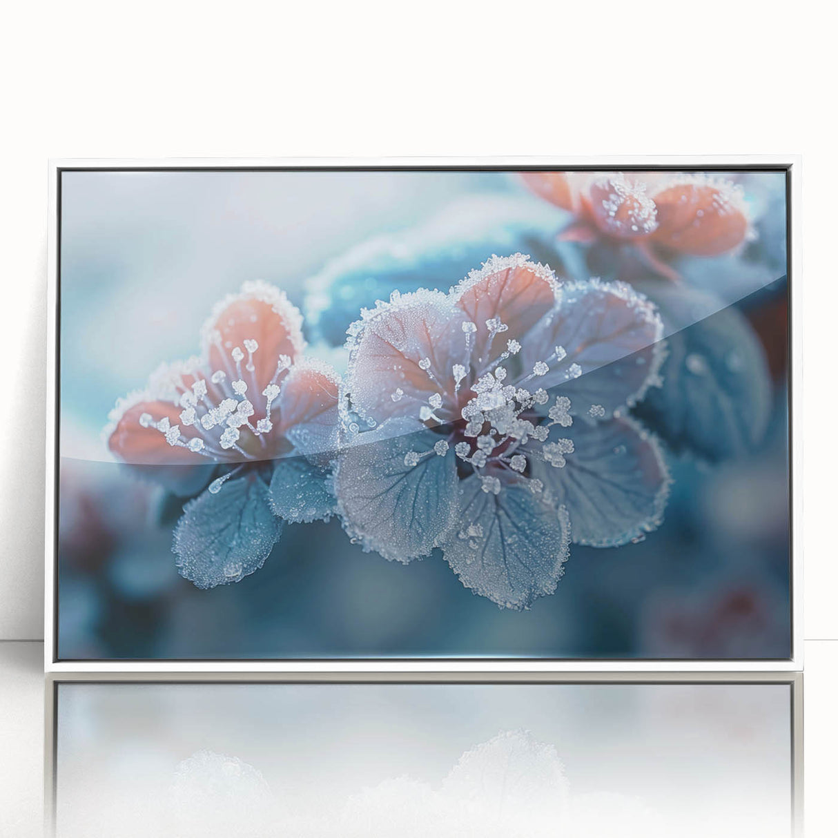 Large abstract wall art depicting frost patterns in muted gray tones on a white acrylic frame.