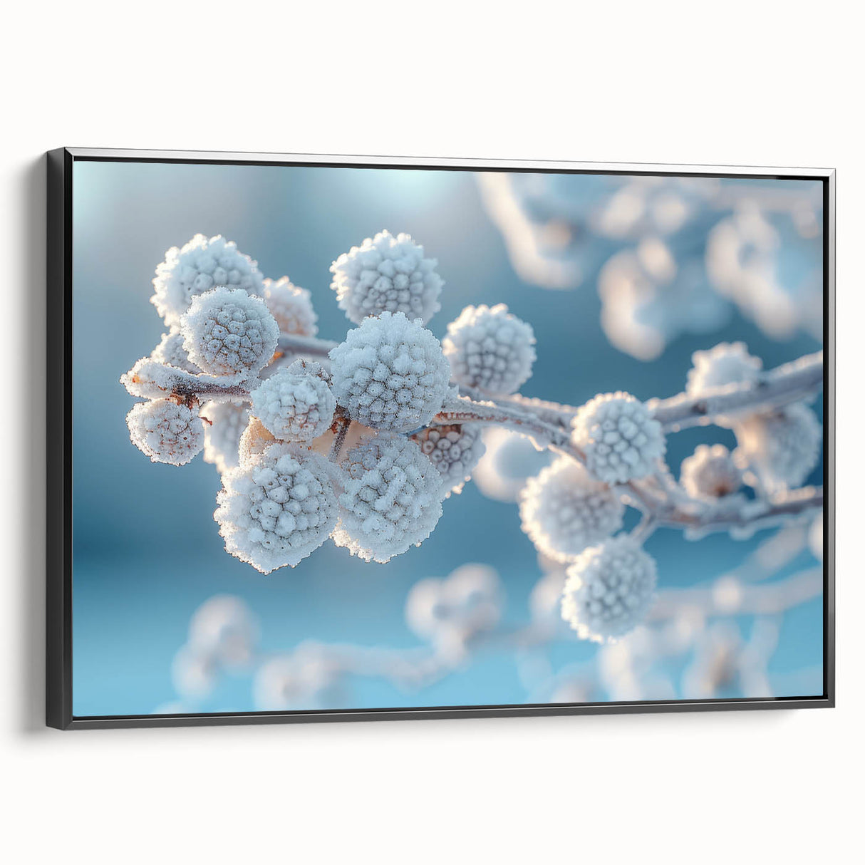 Framed canvas featuring a close-up of frost patterns in muted gray tones, ideal for bedroom wall art.