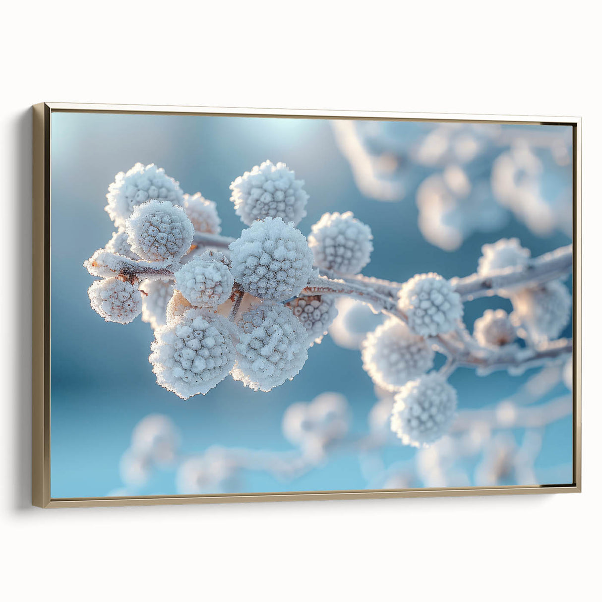 Framed canvas featuring a close-up landscape art painting of frost patterns in shades of black and gold.
