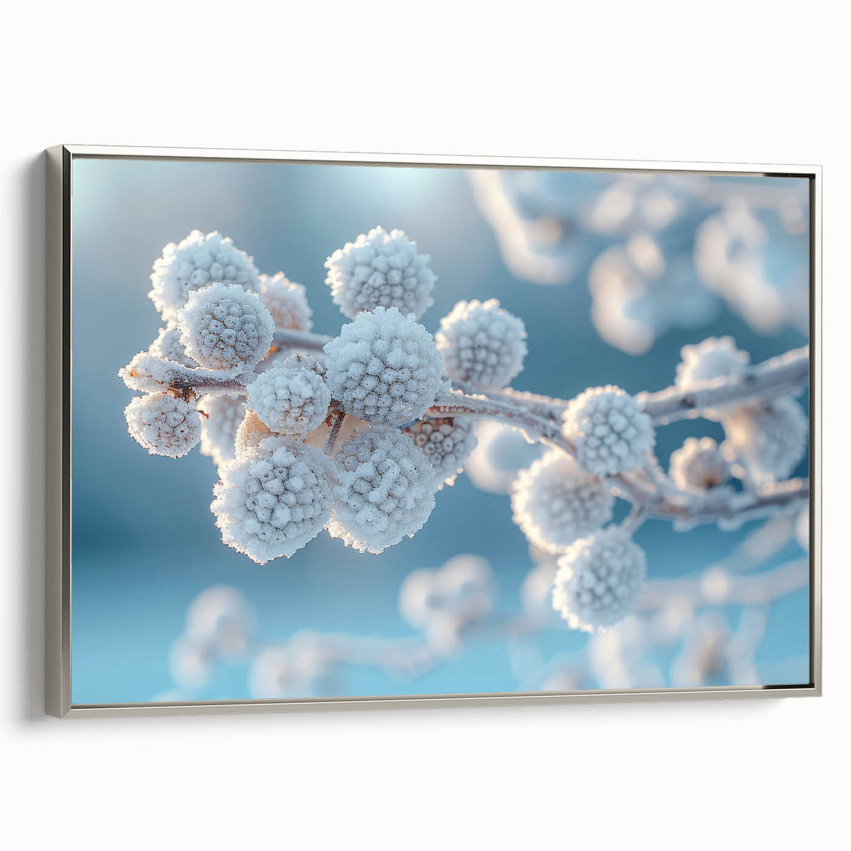 Vintage poster art featuring a close-up of frost patterns in silver frame, ideal for living room decor.