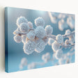Close-up image of frost patterns on ice in muted blue and white tones on stretched canvas, suitable for kitchen wall art.