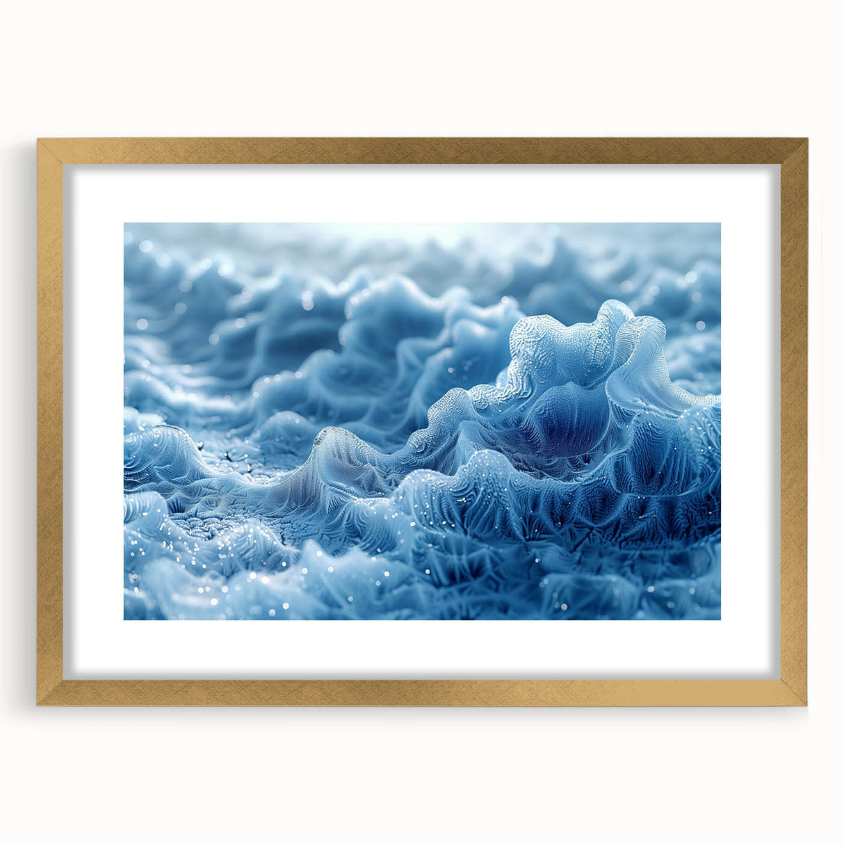 Textured art featuring a close-up abstract design of frost, rendered in muted white and gray tones on a gold-framed canvas.