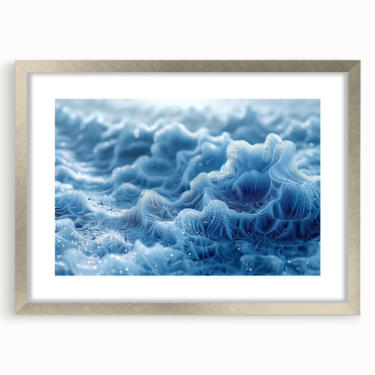 Abstract art print featuring a close-up frost design in muted blue tones on a silver-framed mat.
