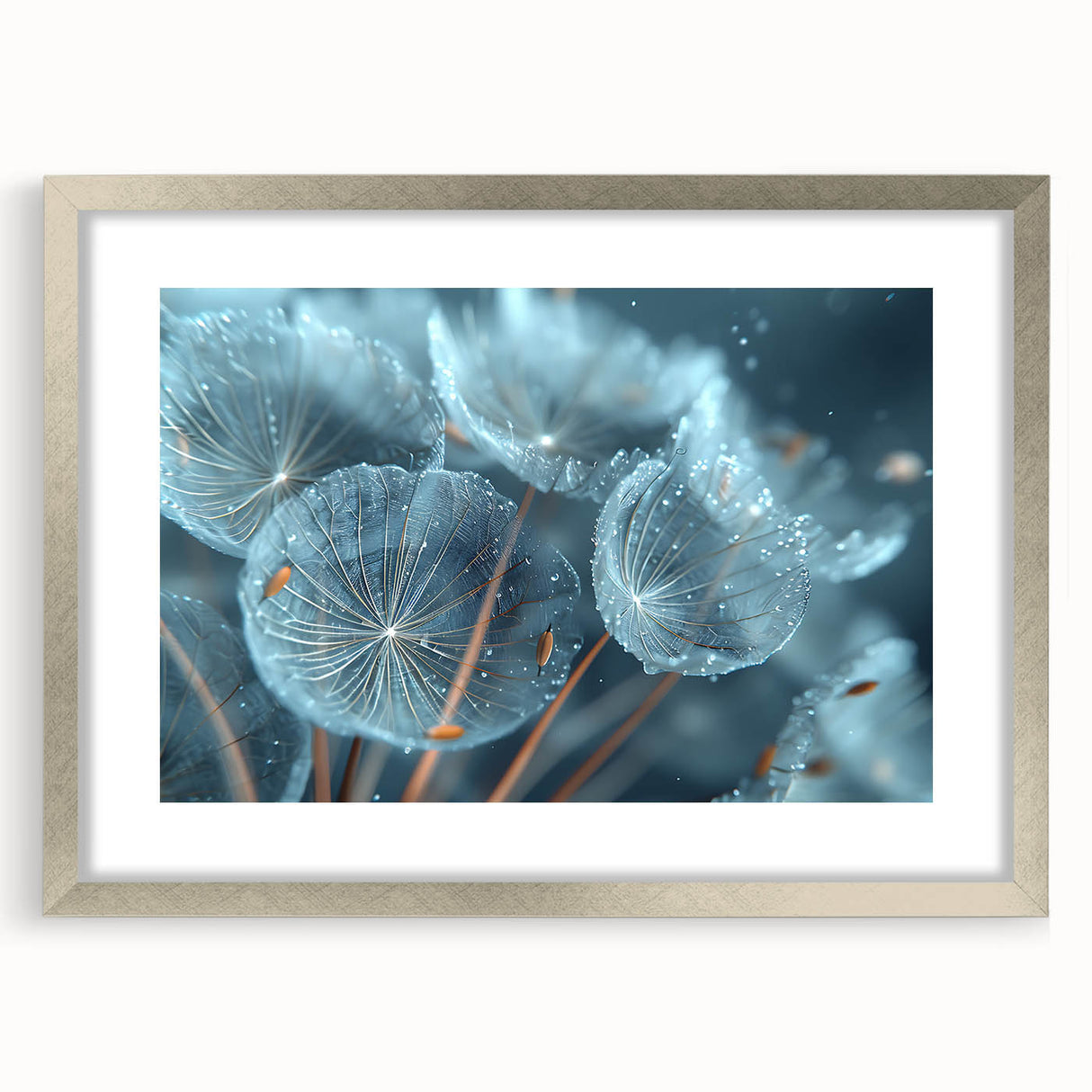 Abstract art print featuring a frost pattern in cool blue tones, framed in silver, suitable for bedroom or dining room decor.