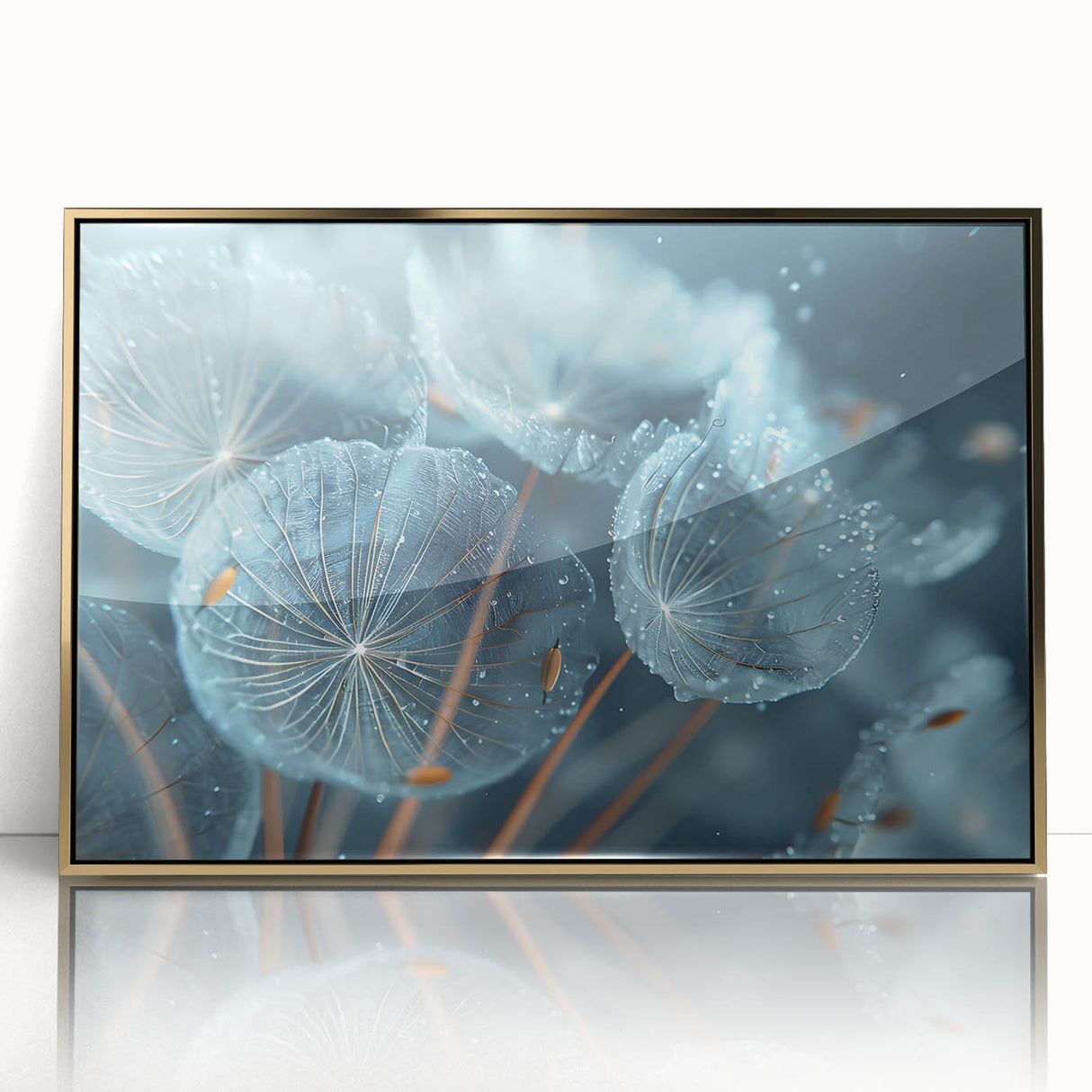 Framed acrylic print of a mid-century modernist ice frost design in cool blue and white tones, ideal for nursery wall art.