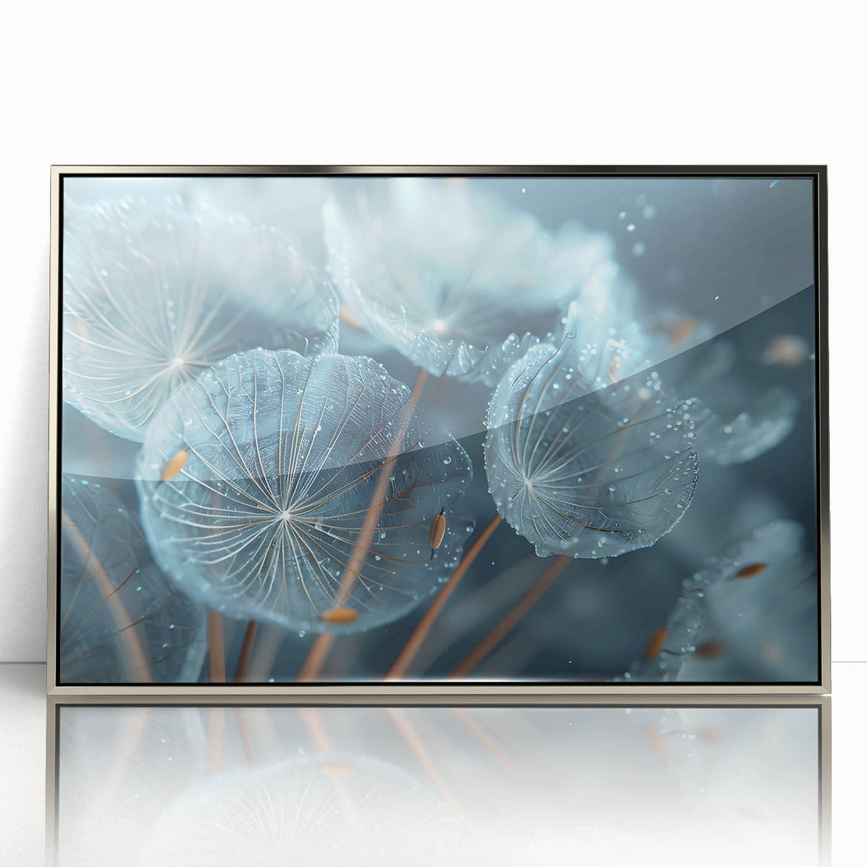 Acrylic print of a frost design in silver and gray tones, styled in art deco, suitable for modern nursery decor.