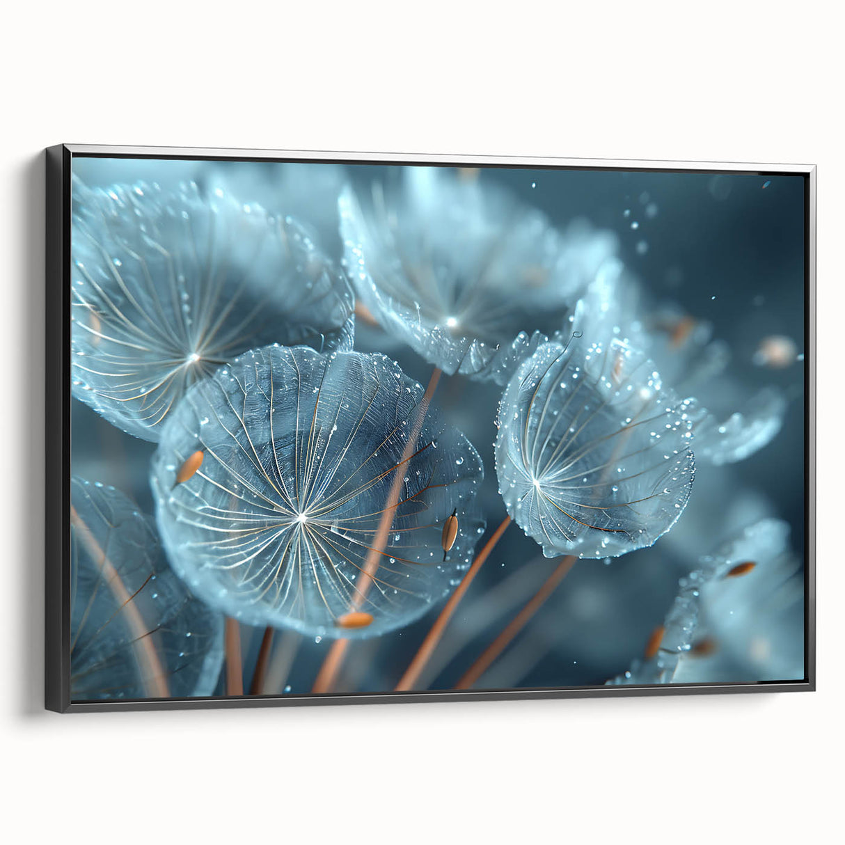 Framed canvas featuring a close-up of frost patterns in black and white, ideal for bedroom wall art.