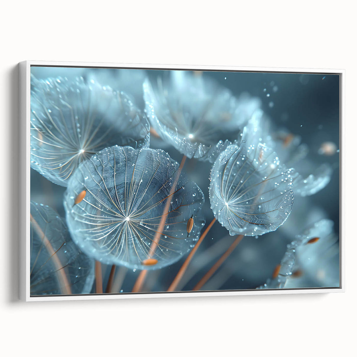 Framed canvas featuring a close-up of frost patterns in black and white, ideal for bedroom wall decor.