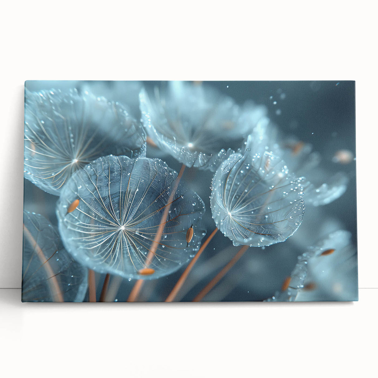 Black and white close-up photo of frost patterns on ice, printed on large stretched canvas, ideal for kitchen wall art.