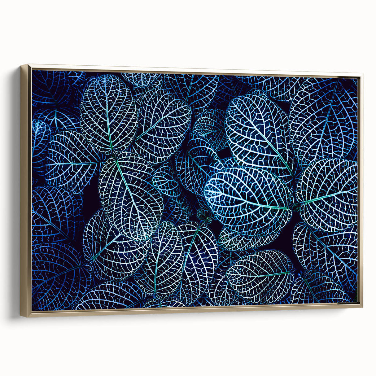 Close-up of leaves in muted green and black, vintage poster style framed canvas, suitable as wall art for bedroom.