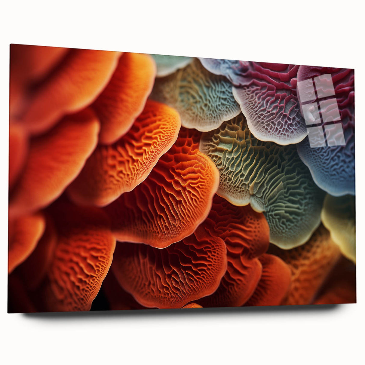 Close-up of leaves in green and yellow tones on acrylic glass.