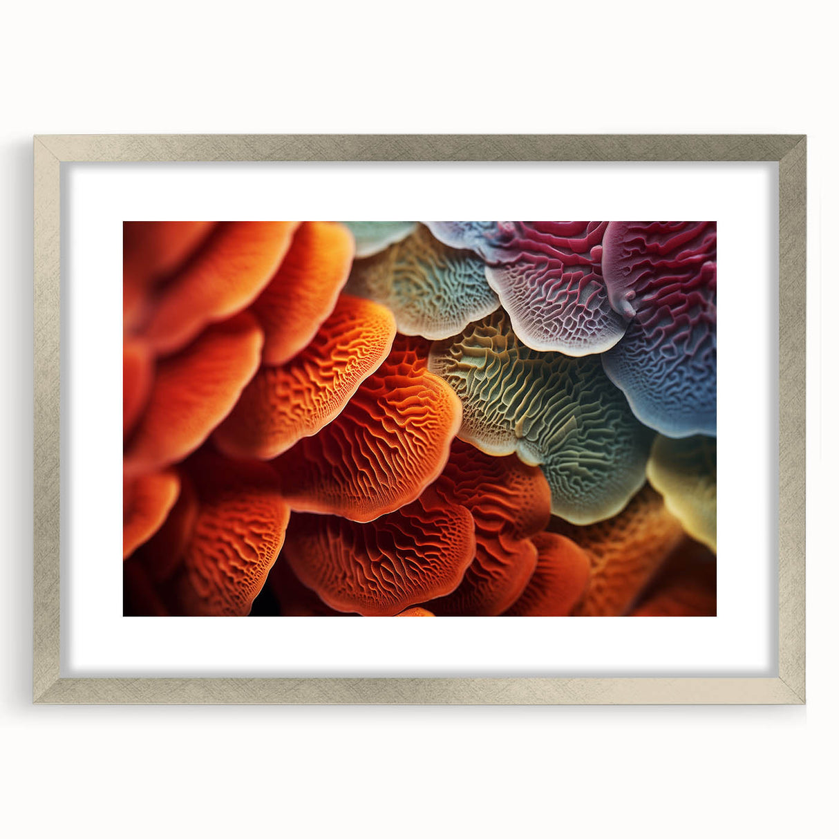 Textured art featuring close-up of leaves in abstract style, framed in silver, ideal for bedroom ambiance.