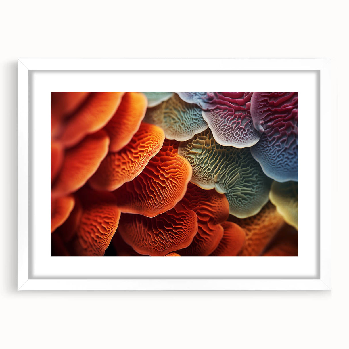 Abstract art print of close-up leaves in green and yellow tones, framed in white, suitable for bedroom or dining room decor.