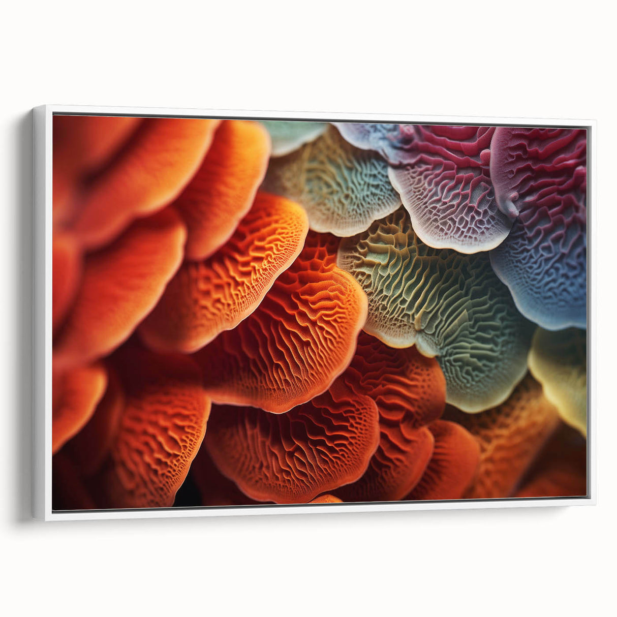 Vintage poster art of colorful leaves on a black background, framed canvas, ideal for living room decor.