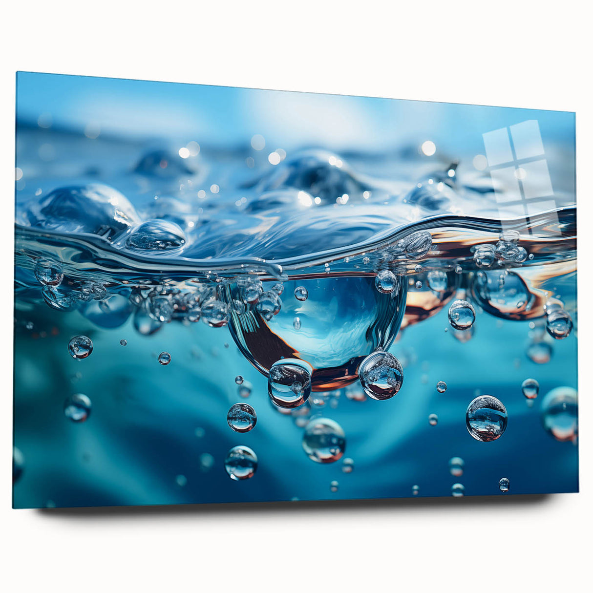 Large abstract wall art on acrylic glass featuring close-up water design in blue and white tones.