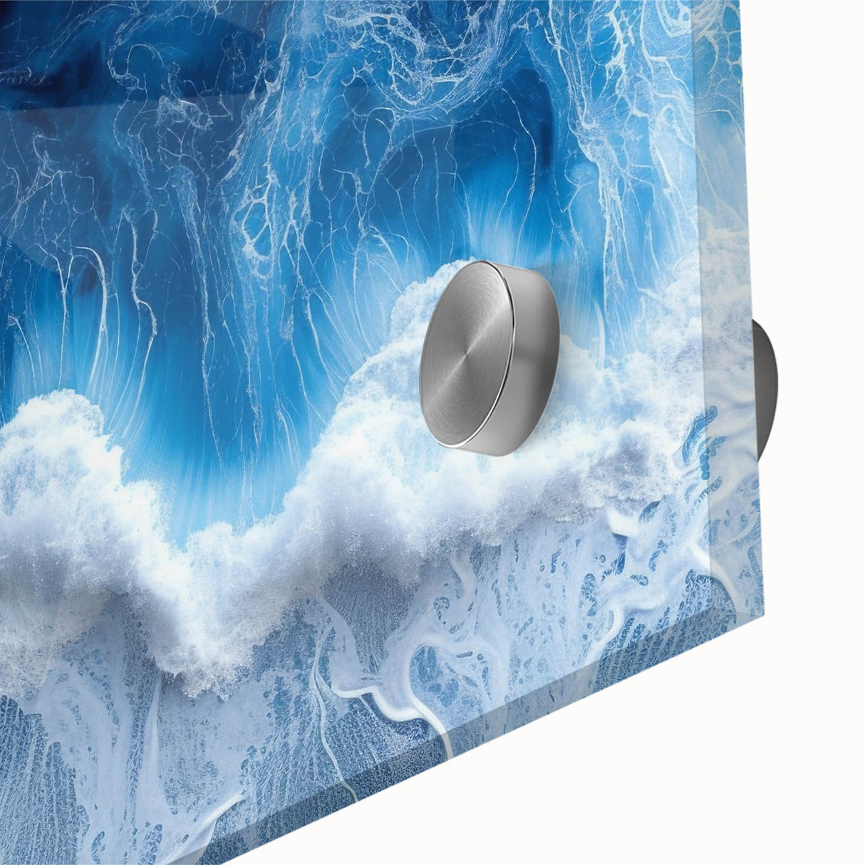 Large abstract wall art depicting water ripples in muted blue and gray, acrylic print, suitable for dining room ambiance.