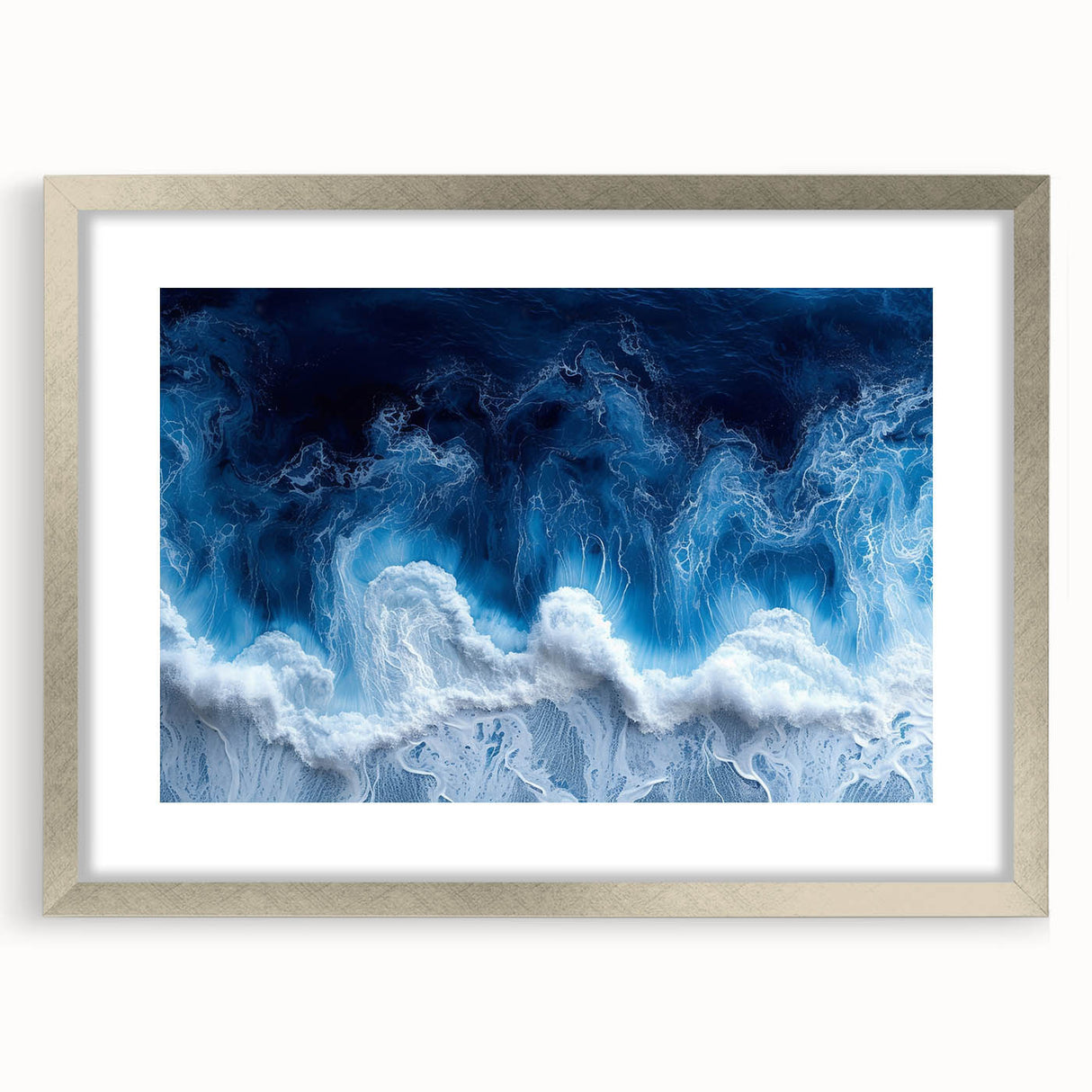 Textured abstract art print featuring close-up water design in muted blues and grays on a silver-framed mat.