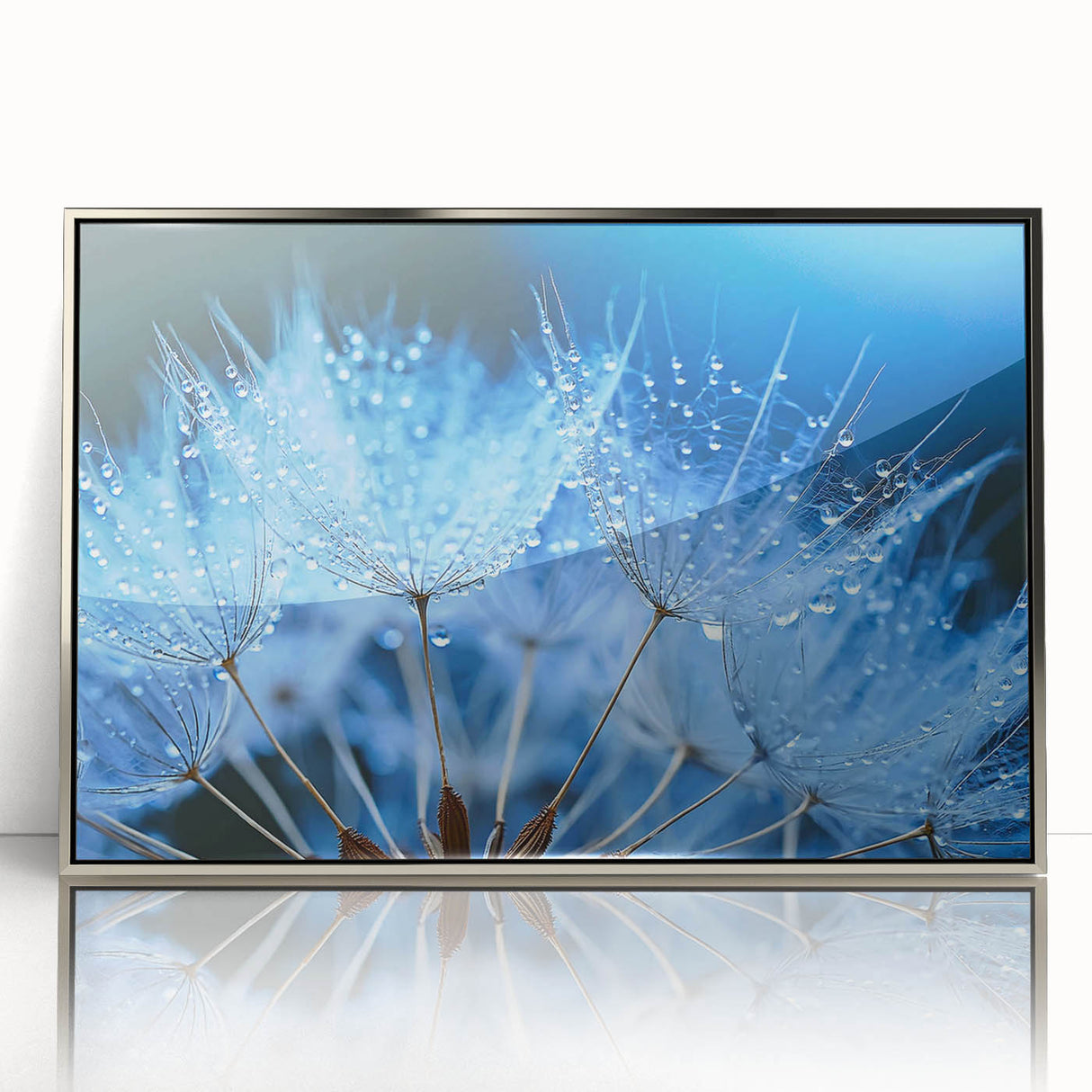 Mid-century modernist art featuring close-up water design in muted blue tones on framed acrylic.