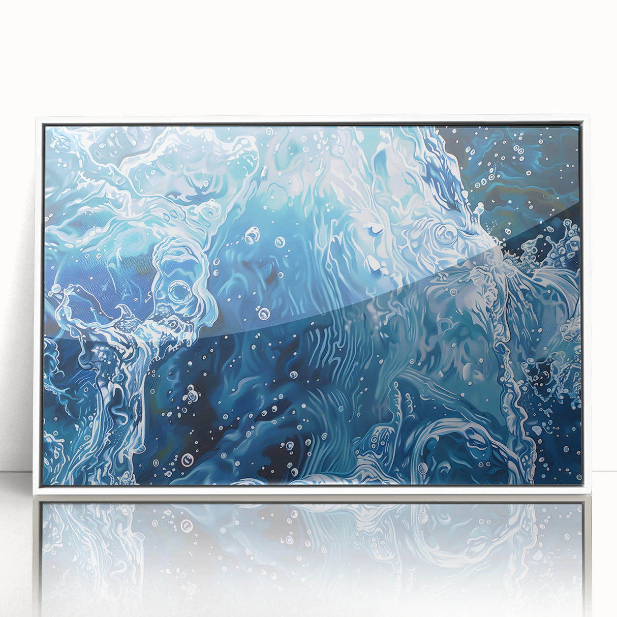 Close-up of water droplets on leaf in acrylic print, framed in white, ideal for modern nursery wall decor.