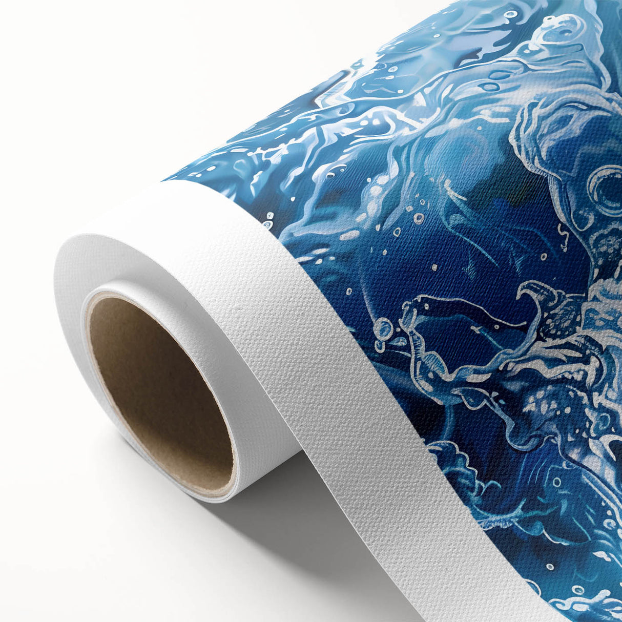 Art deco style poster of a serene lake, using muted blue and green tones, on rolled canvas, ideal for nursery wall art.