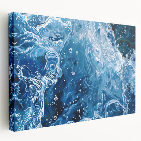Close-up image of water ripples on a stretched canvas, featuring blue and gray tones, ideal for kitchen wall art.