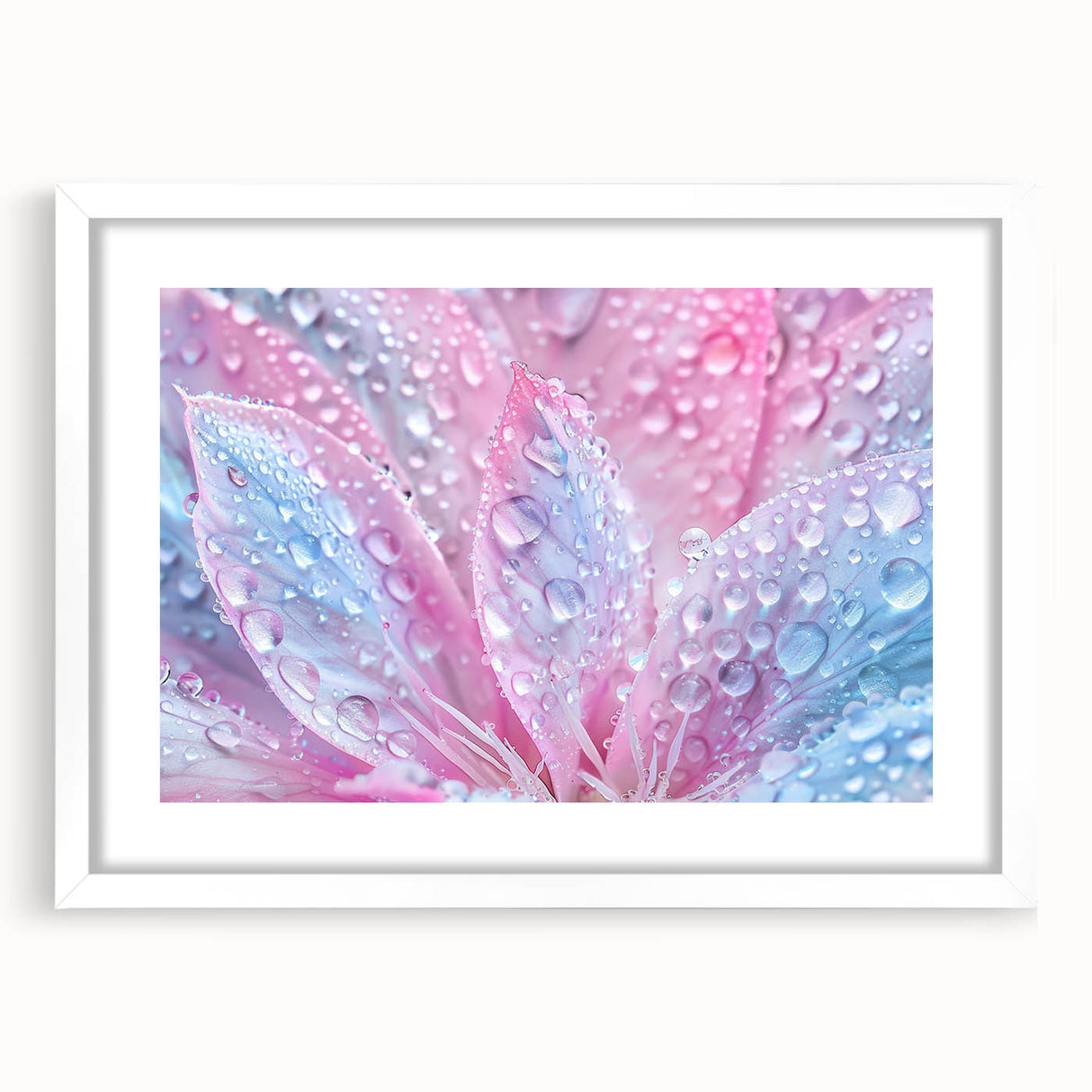 Abstract art print featuring swirling blue and white patterns on a framed poster, ideal for modern dining room decor.