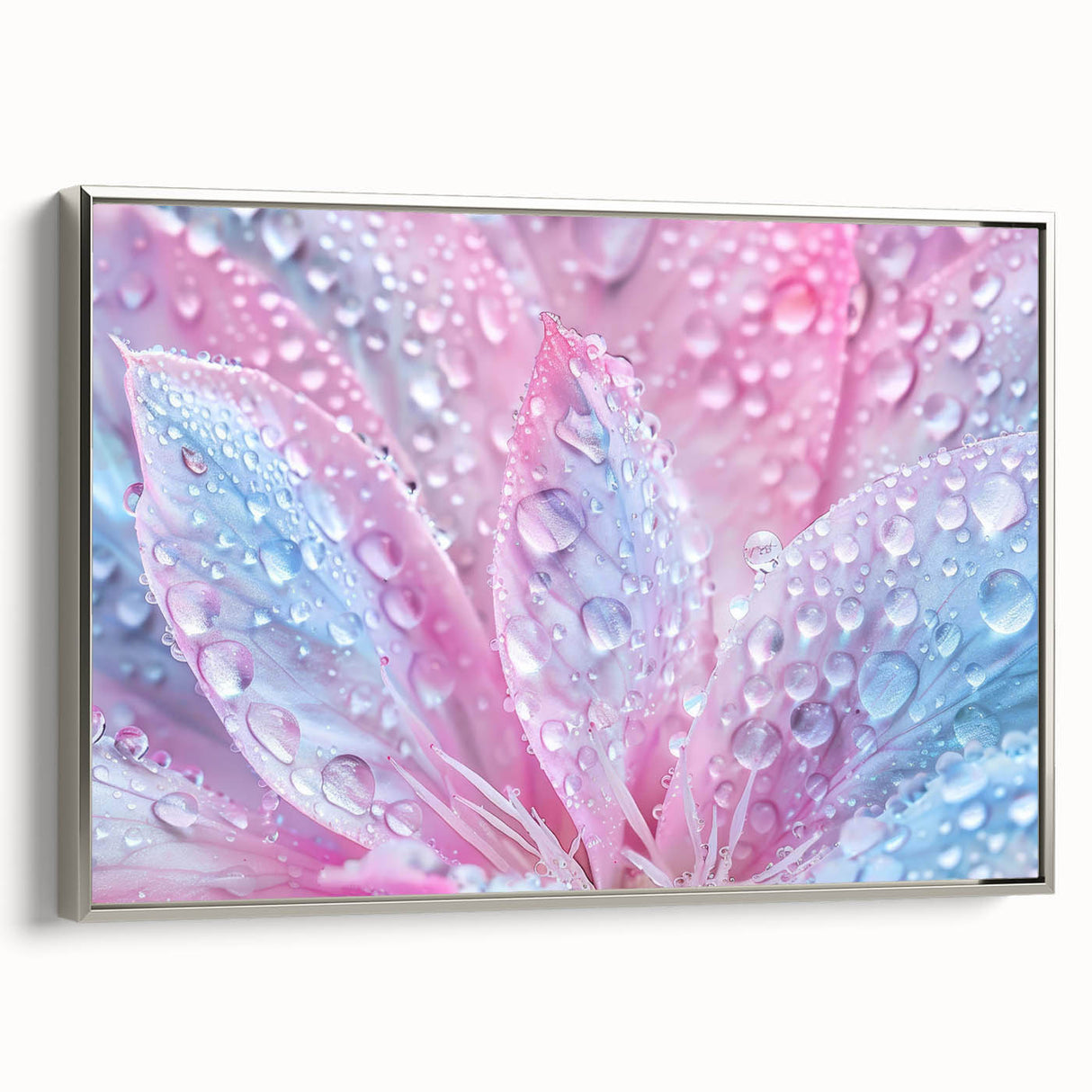 Framed canvas featuring a close-up water landscape in vibrant blue and silver tones, ideal for modern living room decor.