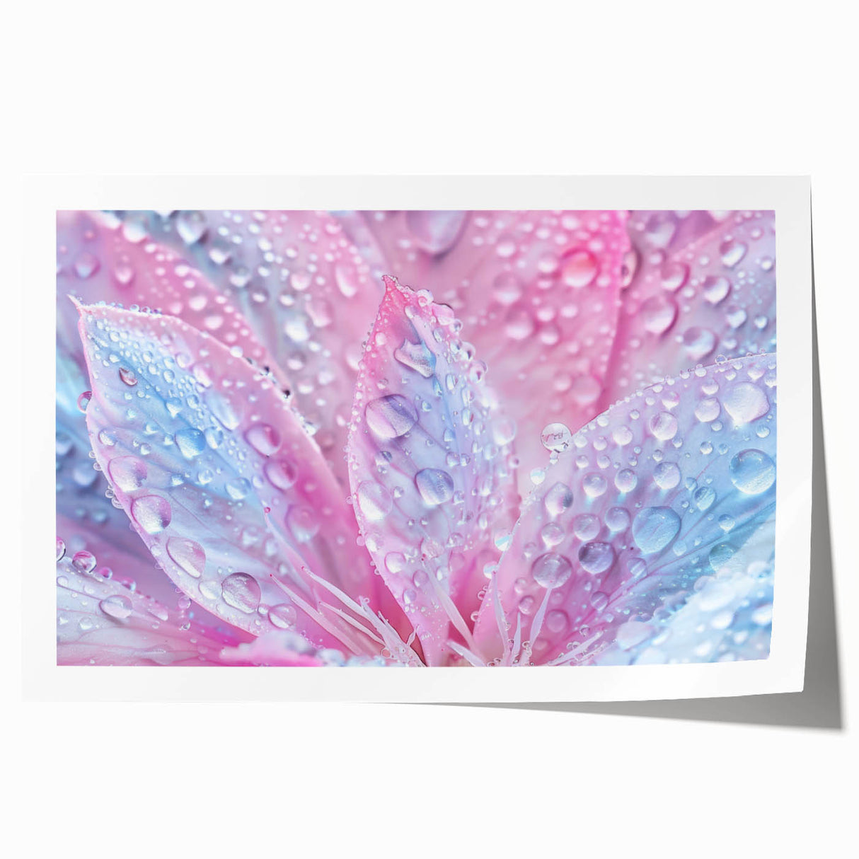 Close-up of water droplets on green leaves printed on rolled canvas, with muted green and blue tones.