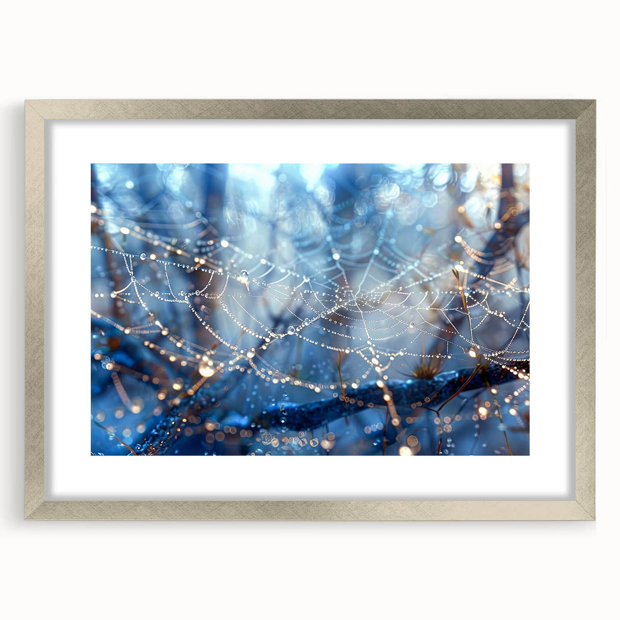 Textured art print of abstract ripples in muted blue and gray tones, framed in silver, ideal for bedroom ambiance.