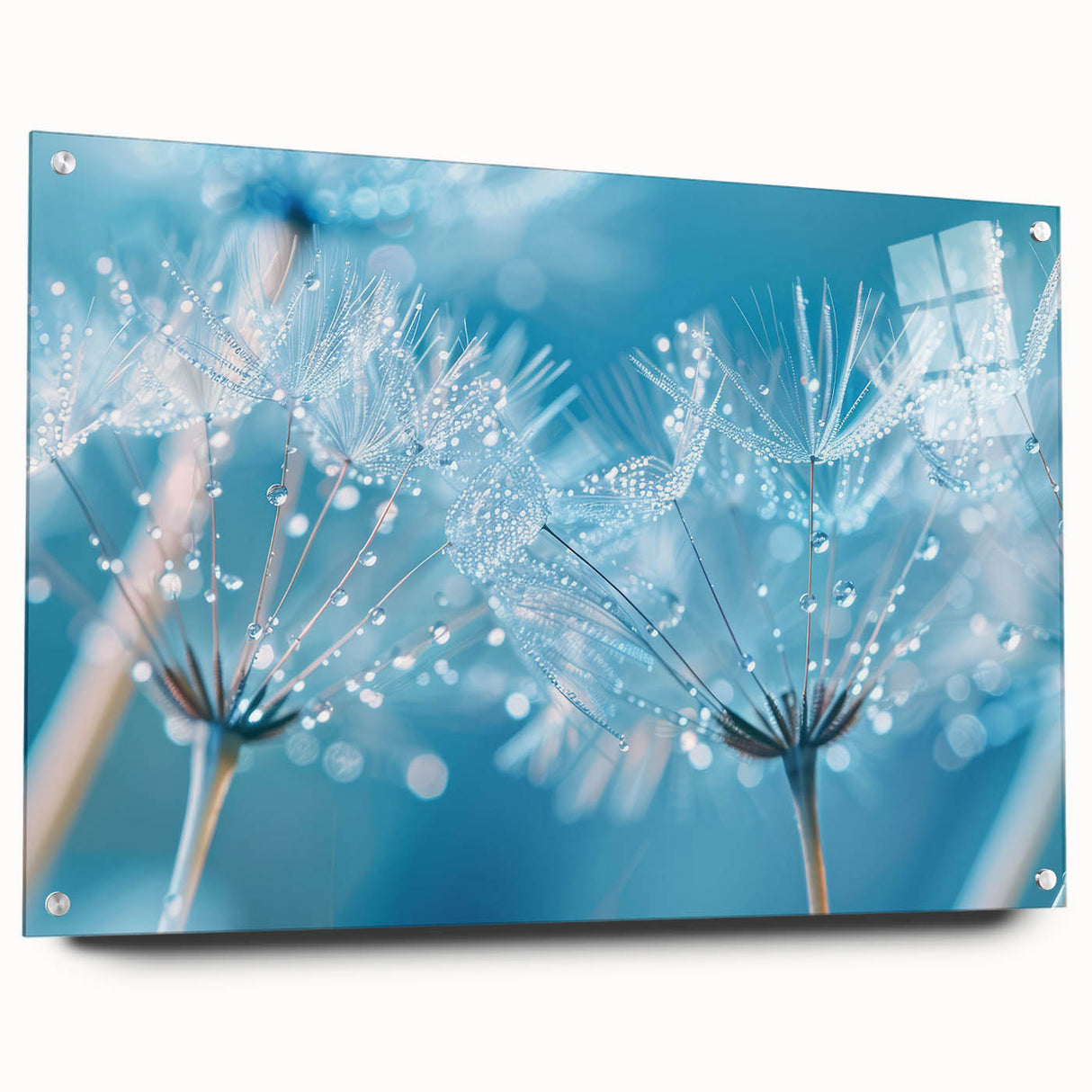 Close-up of large abstract wall art featuring swirling water patterns in blue and white acrylic glass.