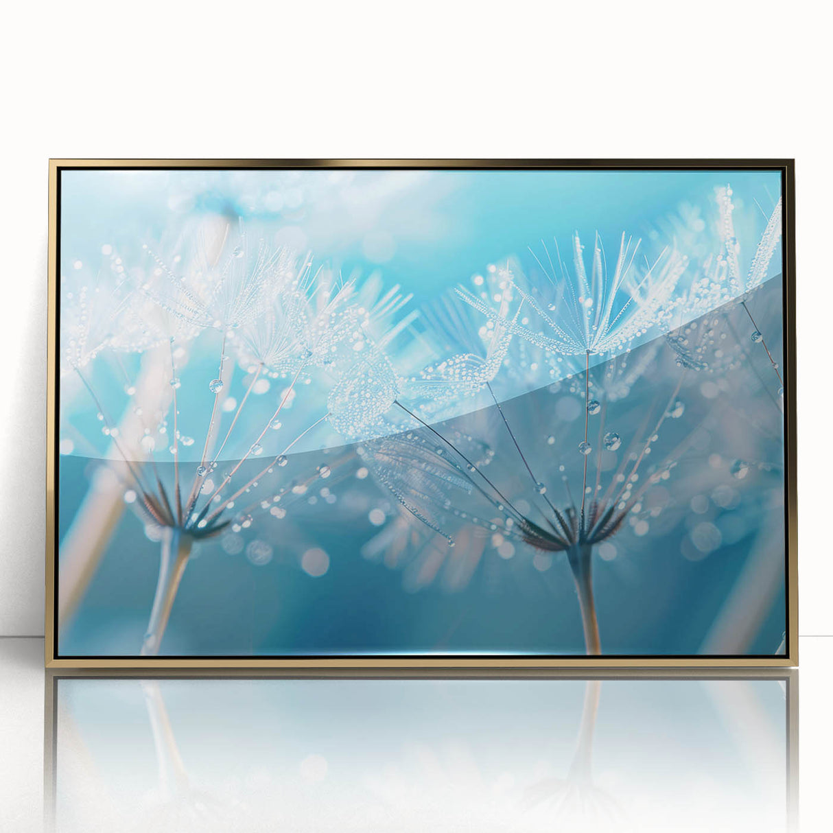 Large acrylic print of a close-up water design in gold and blue tones, framed in gold, suitable for modern art wall decor.