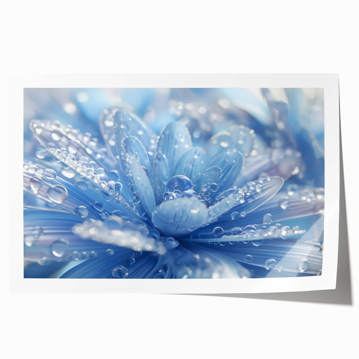 Extra large rolled print featuring close-up water droplets on vibrant green leaves.
