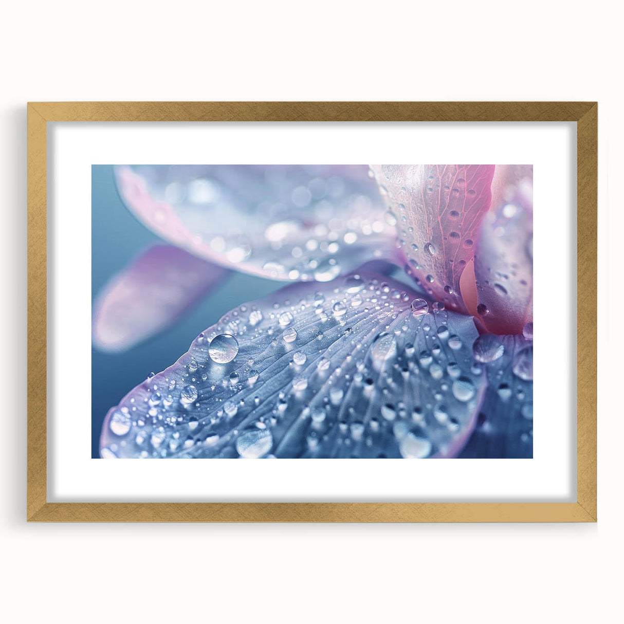 Extra large abstract art print featuring textured swirls in blue and gray tones, framed in gold, ideal for living room decor.