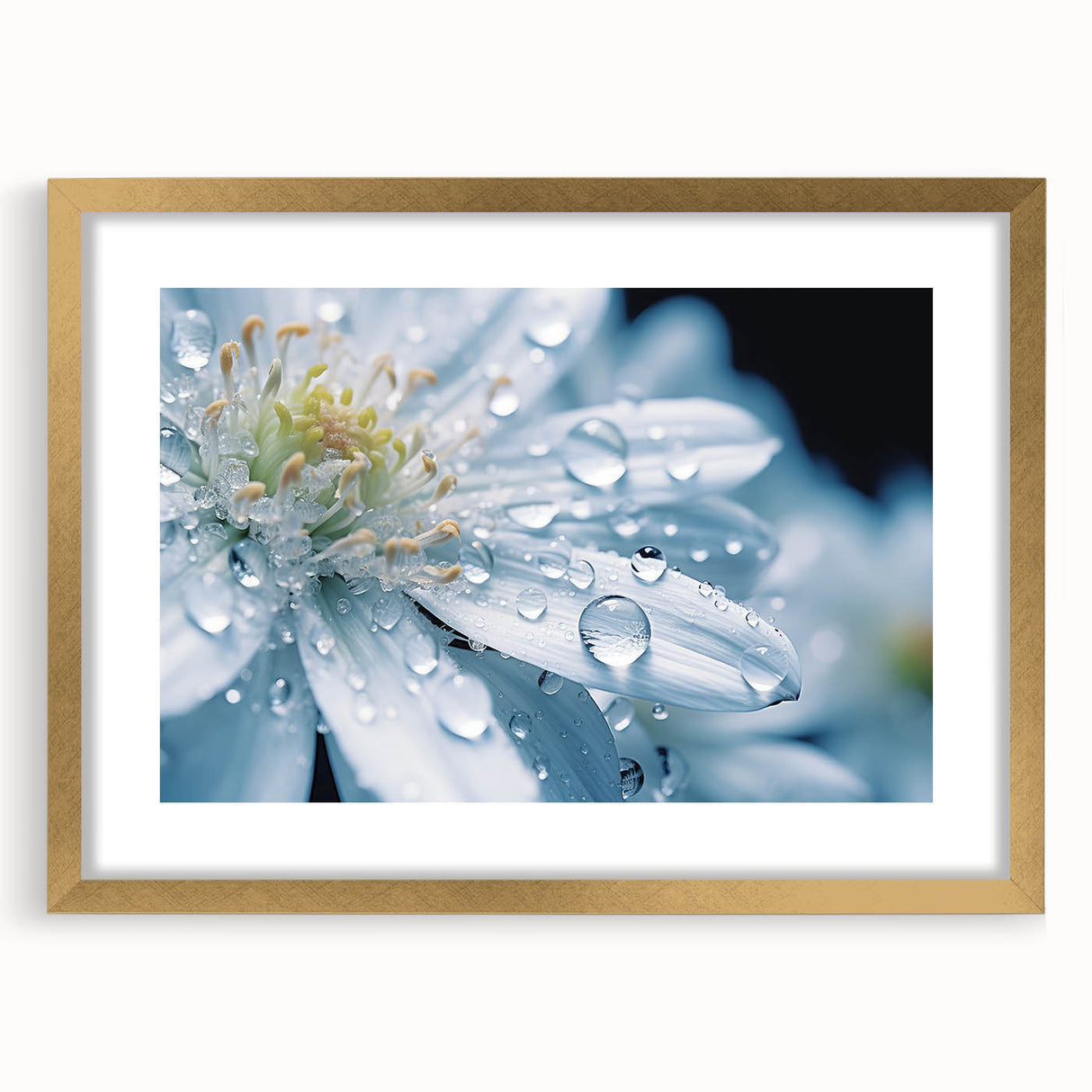 Extra large abstract art print featuring textured wave patterns in muted blue and gray, framed in gold.