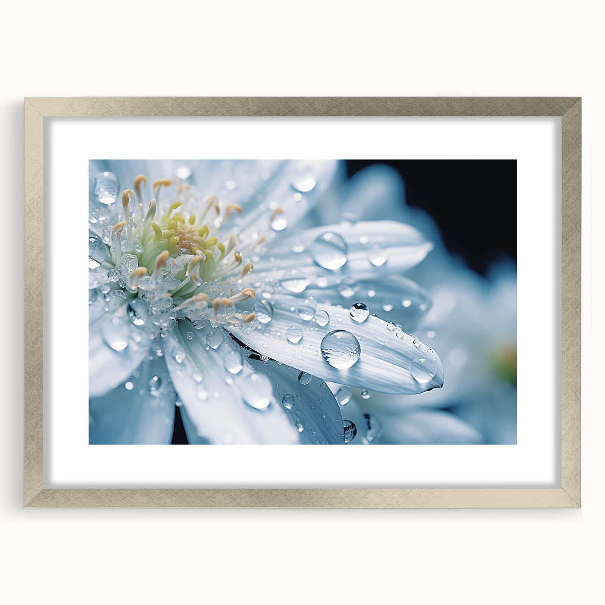 Textured art print of abstract water ripples in blue and silver tones, framed with a silver mat, ideal for bedroom decor.