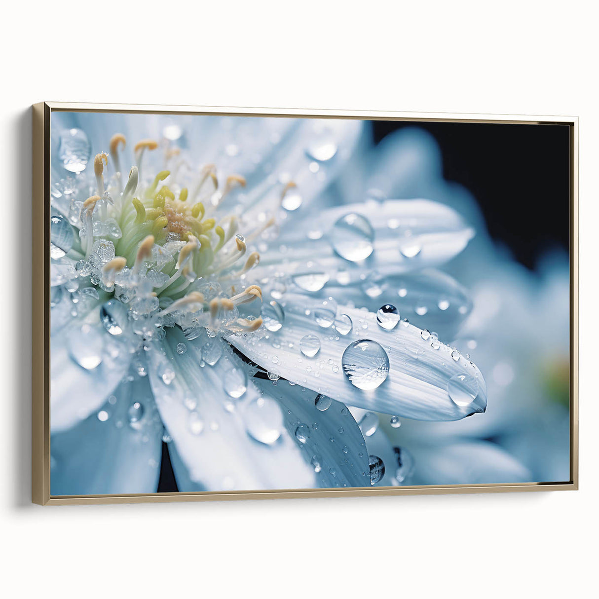 Close-up landscape painting on framed canvas, featuring a serene water design in muted blues and grays.