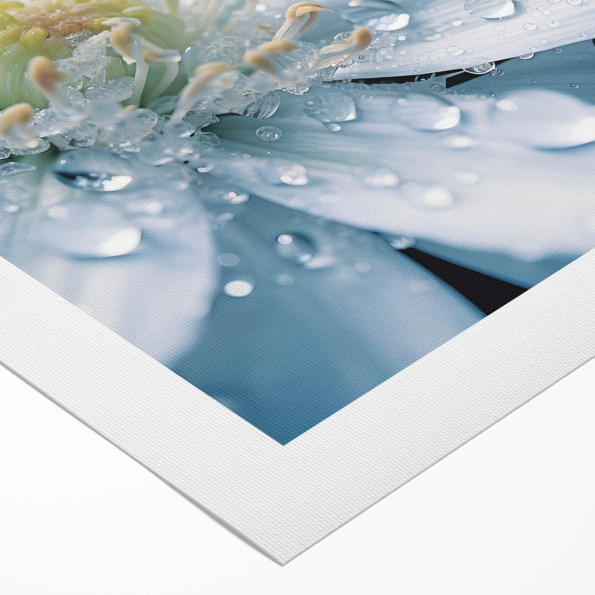 Art deco poster featuring a close-up water design in muted blue and green tones on rolled canvas.