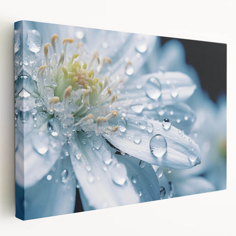 Close-up image of water droplets on vibrant green leaves printed on stretched canvas, suitable for kitchen wall art.