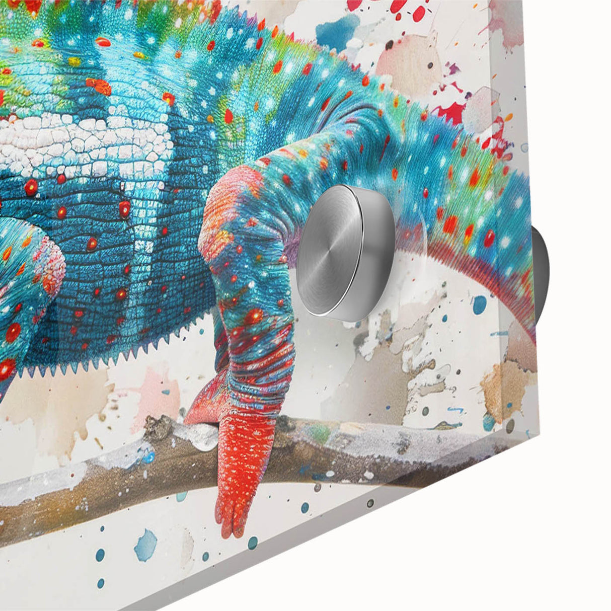 Close-up of a vibrant chameleon wall art design on acrylic glass, showcasing intricate details and bright colors, perfect for reptile enthusiasts' decor.