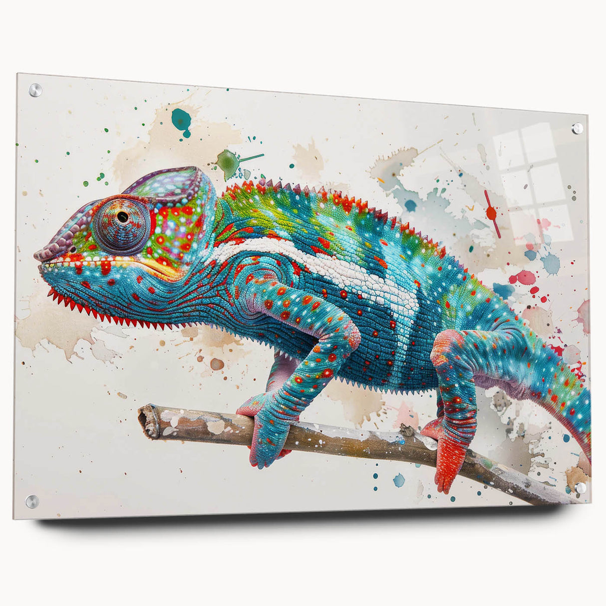 Vibrant chameleon wall art design on acrylic glass, showcasing intricate details and a side view, perfect for reptile enthusiasts and modern decor. Ideal for adding a pop of color to any room.