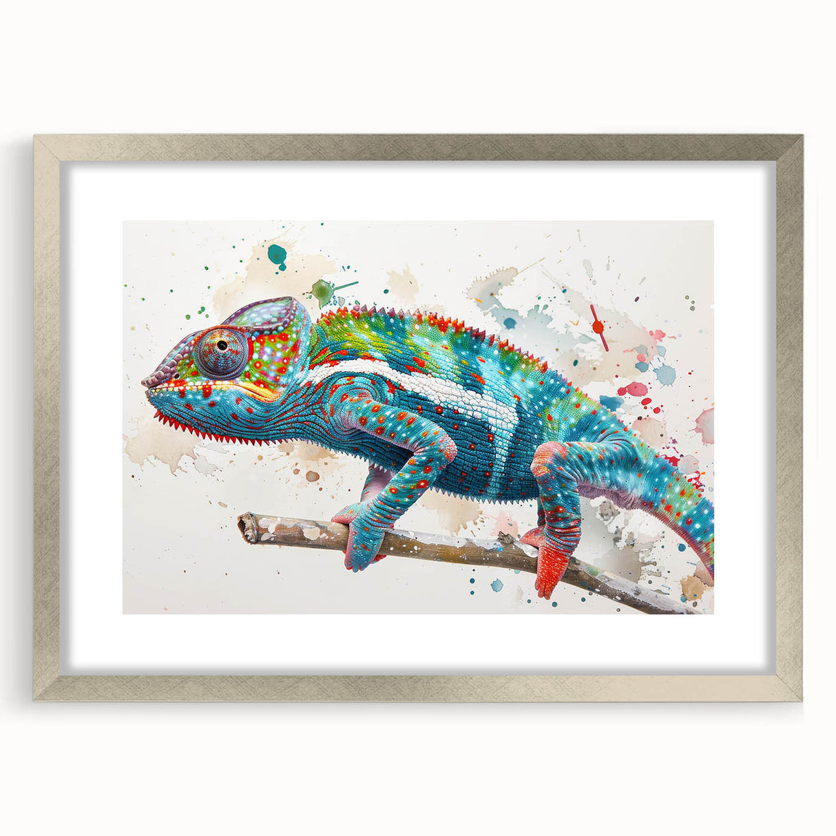 Charming silver-framed wall art featuring a vibrant chameleon design, ideal for reptile enthusiasts. Perfect for adding a touch of nature to home decor.