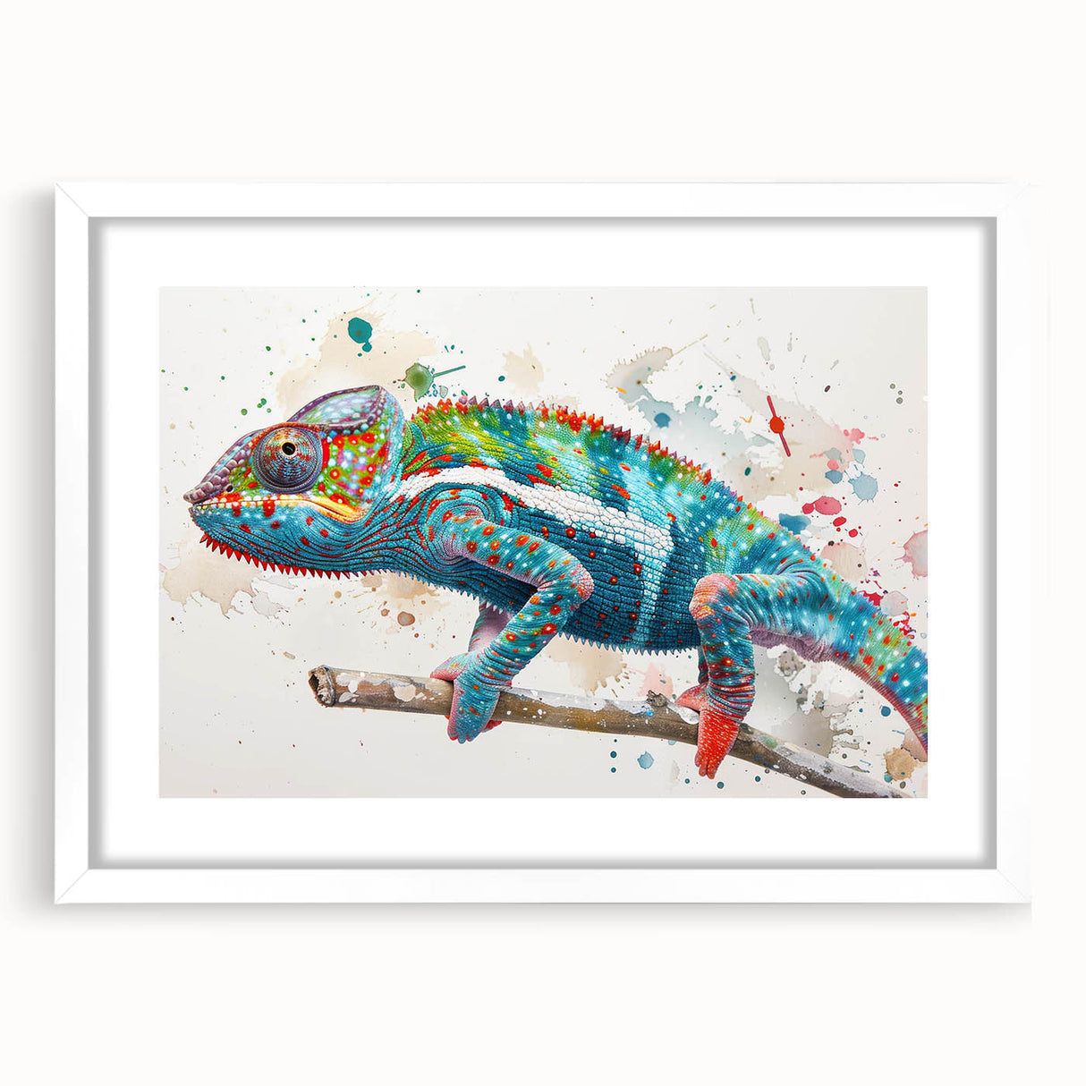Charming wall art featuring a colorful chameleon design, framed in white with a mat, perfect for enhancing home decor and reptile-themed interiors.