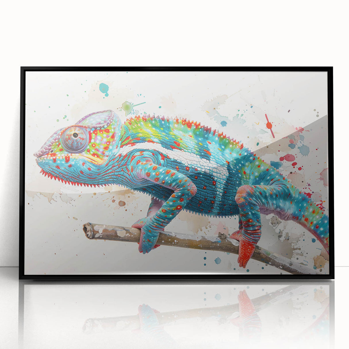 Framed wall art featuring a vibrant chameleon design, showcasing intricate colors and details against a sleek black background, perfect for reptile lovers and home decor enthusiasts.