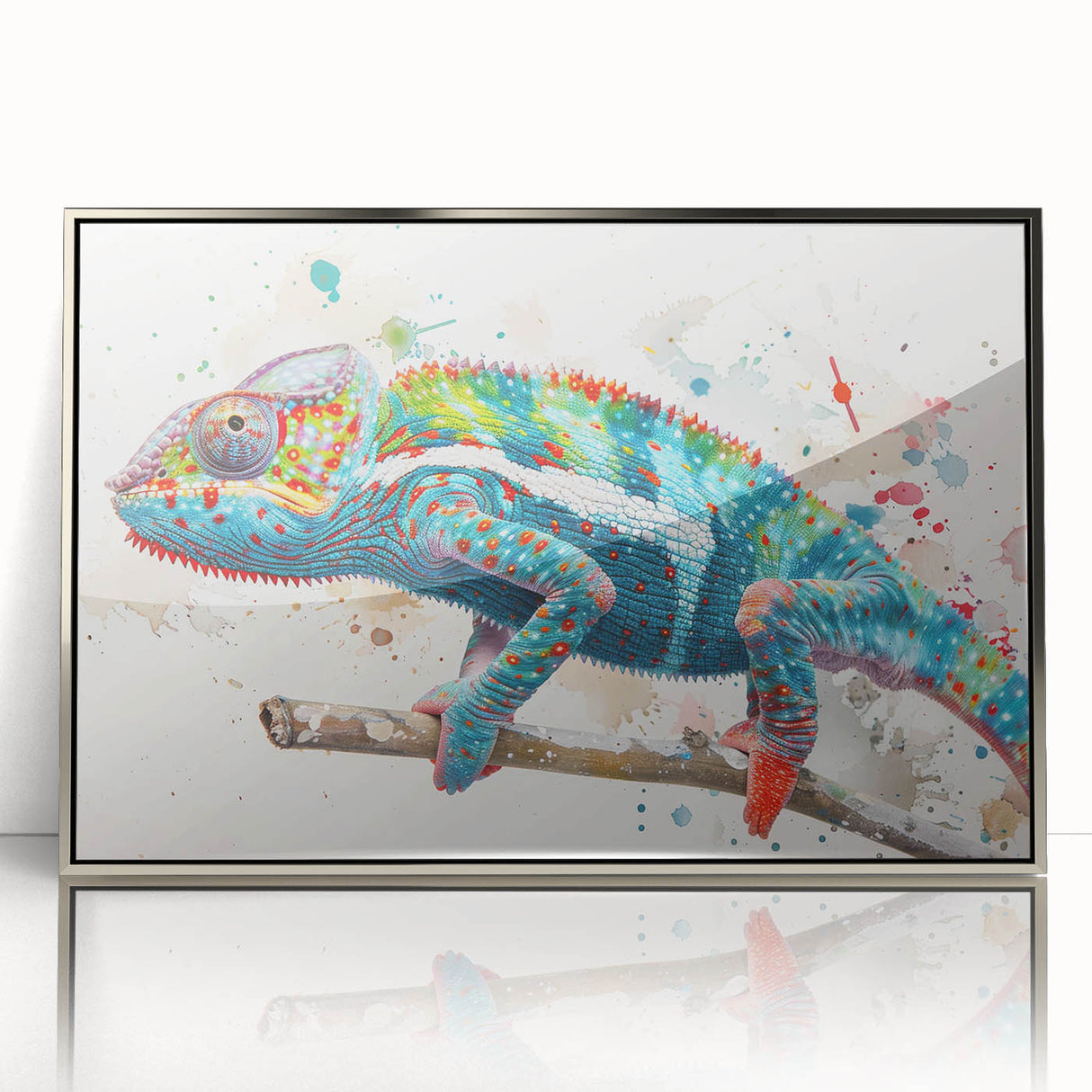 Framed wall art featuring a vibrant chameleon design with intricate colors and textures, set in a sleek silver frame, perfect for reptile enthusiasts and modern decor.