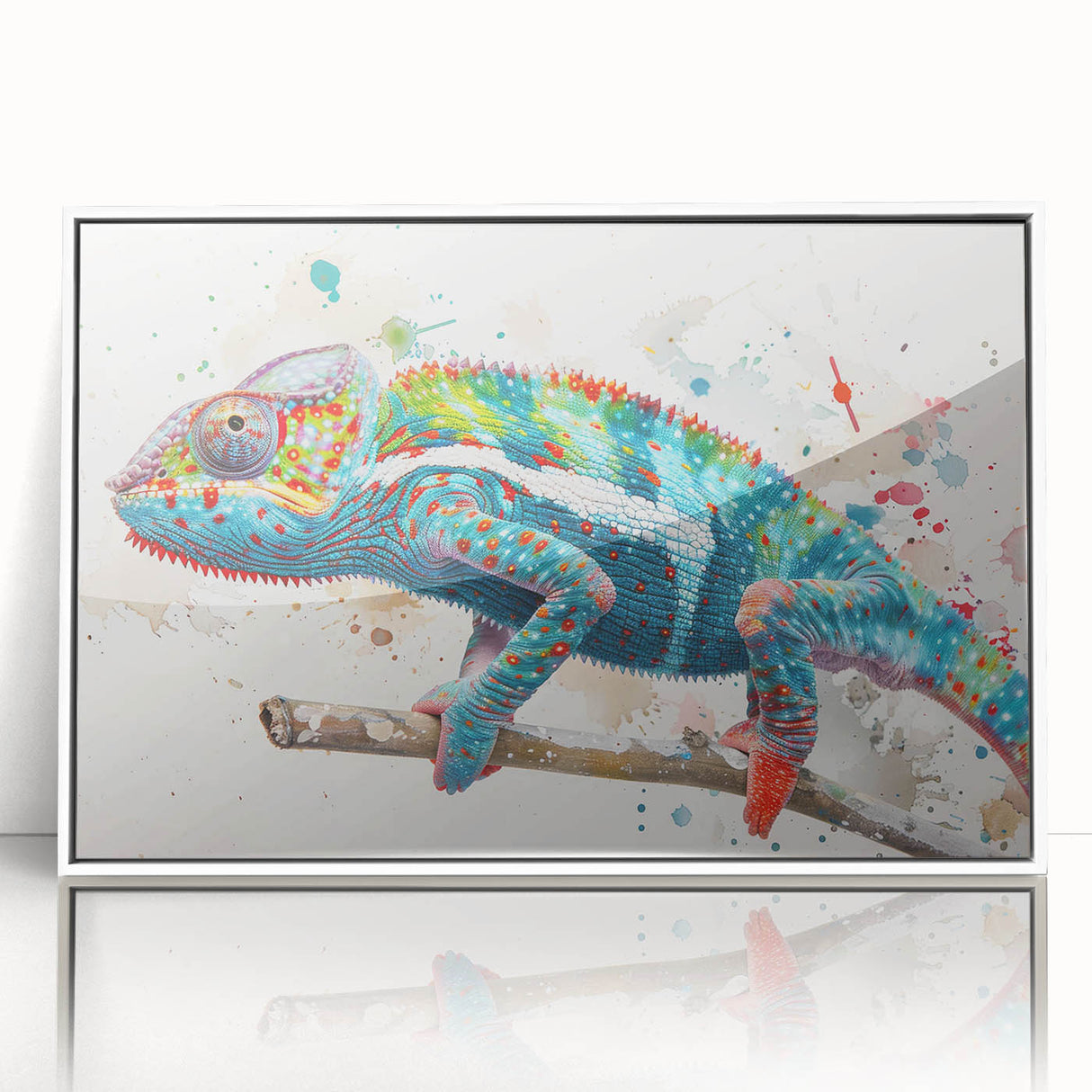 Framed acrylic wall art featuring a vibrant chameleon design, showcasing intricate details and bright colors against a sleek white frame, perfect for reptile enthusiasts.